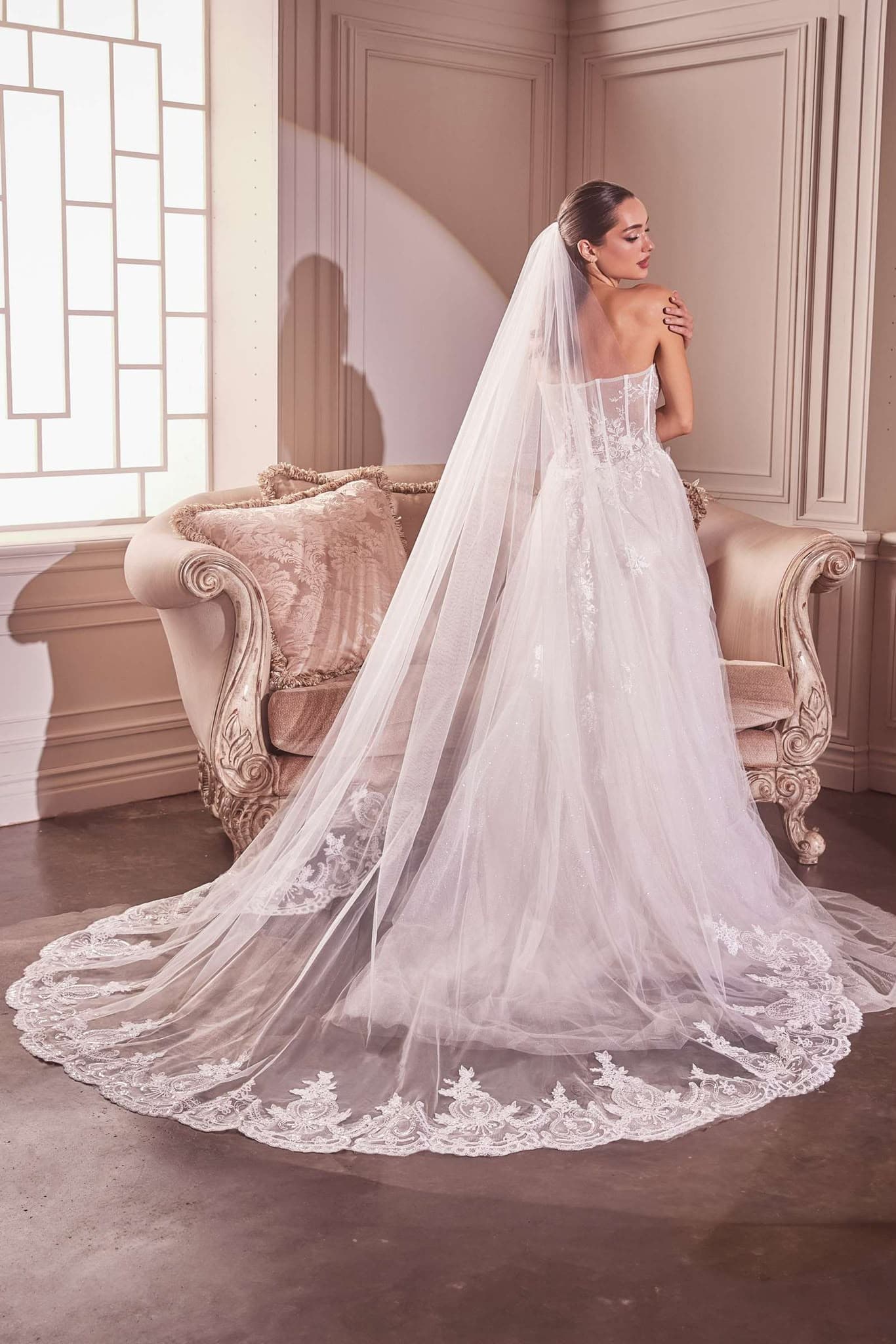 A bride in a strapless lace gown with a cathedral-length embroidered veil